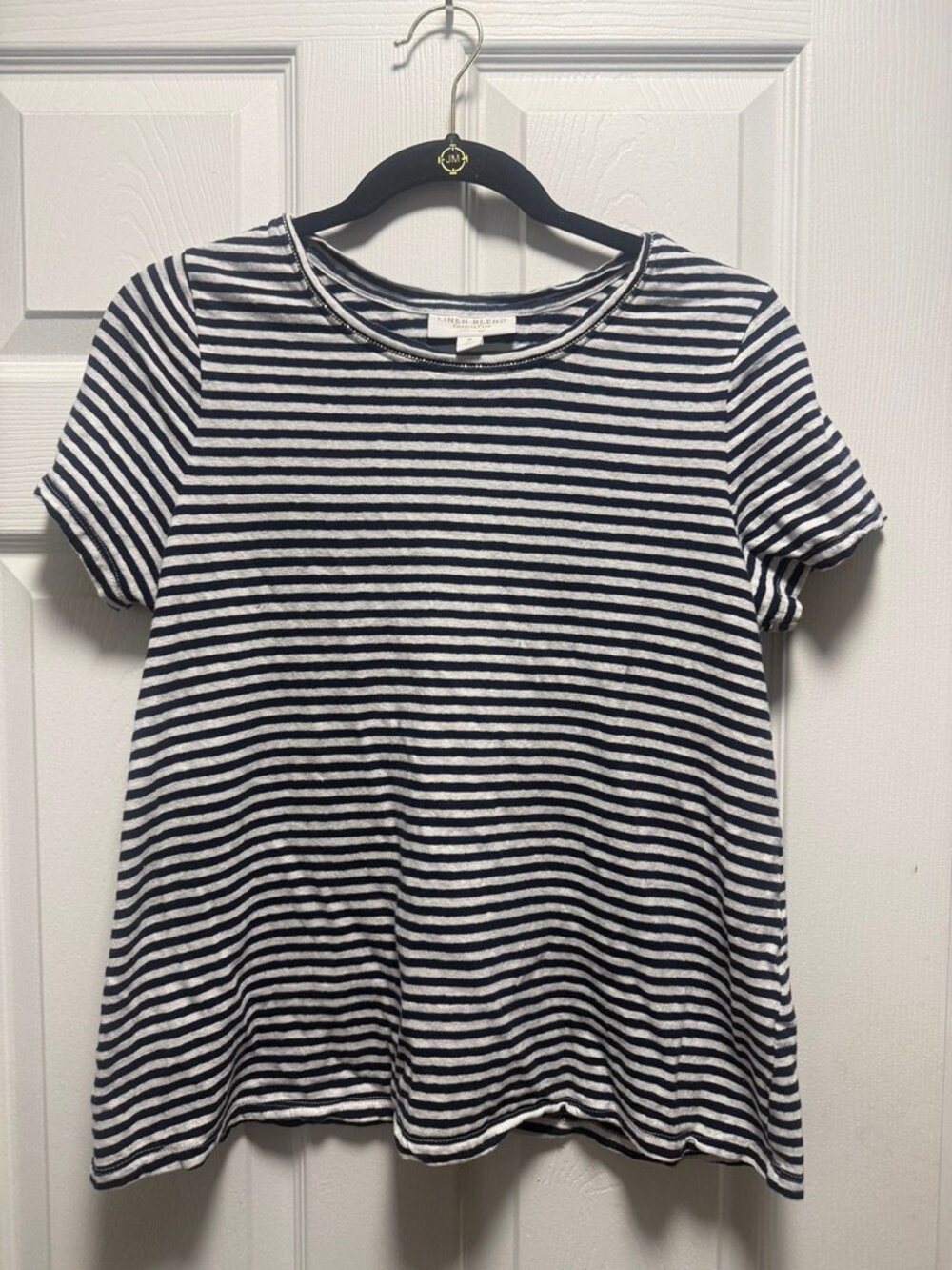 Charter Club Luxury Linen Blend Striped Beaded Neck Top Women’s Medium